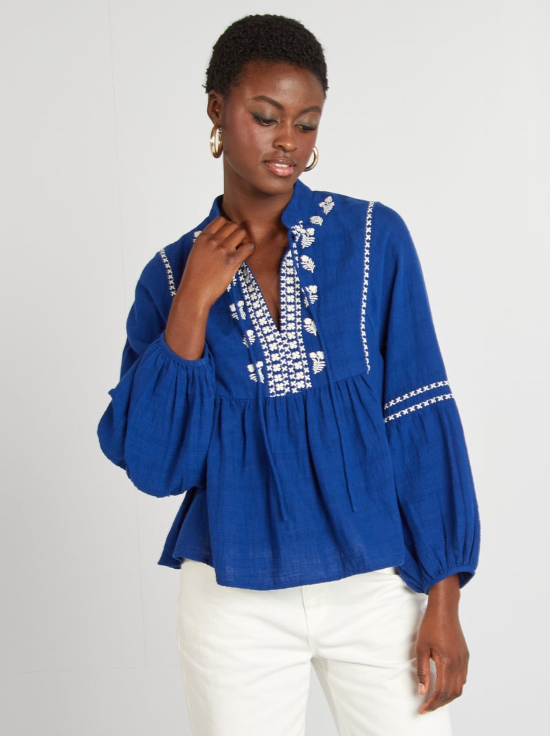 Blouse en gaze de coton Bleu - Kiabi