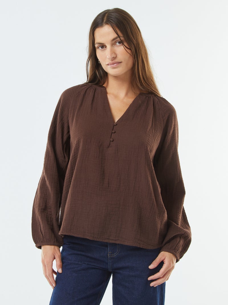 Blouse en gaze de coton Marron - Kiabi
