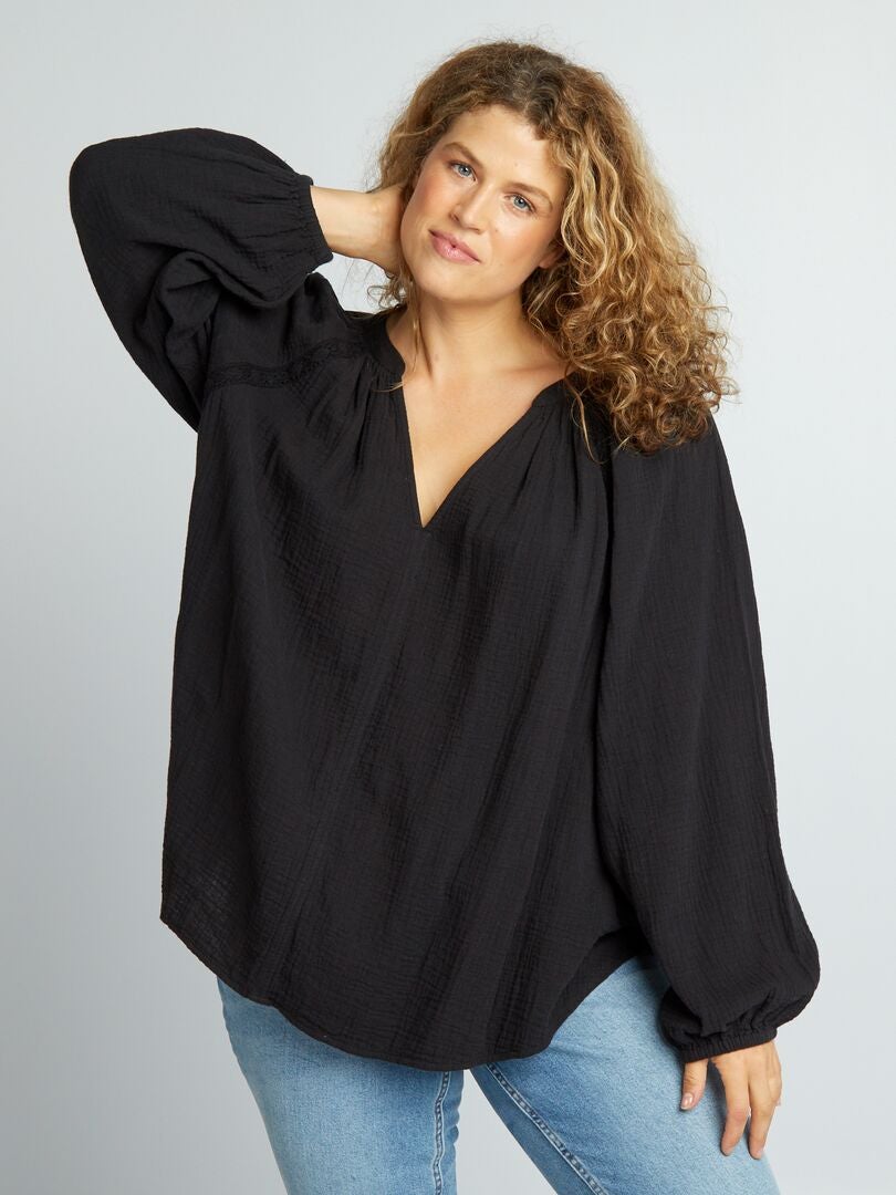 Blouse en gaze de coton noir - Kiabi