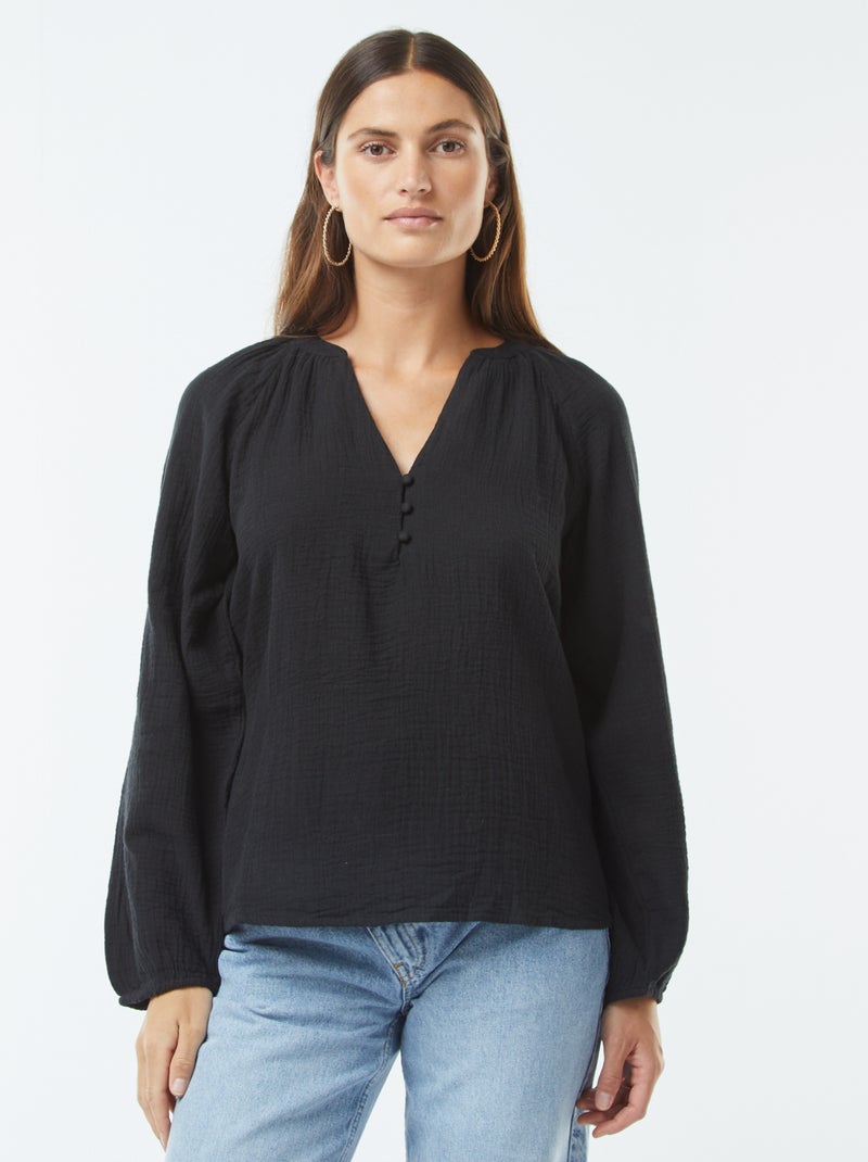 Blouse en gaze de coton Noir - Kiabi