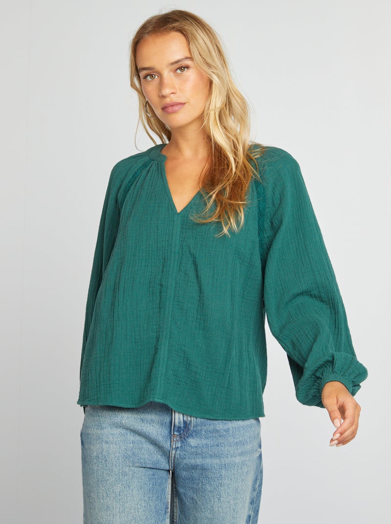 Blouse en gaze de coton Vert - Kiabi