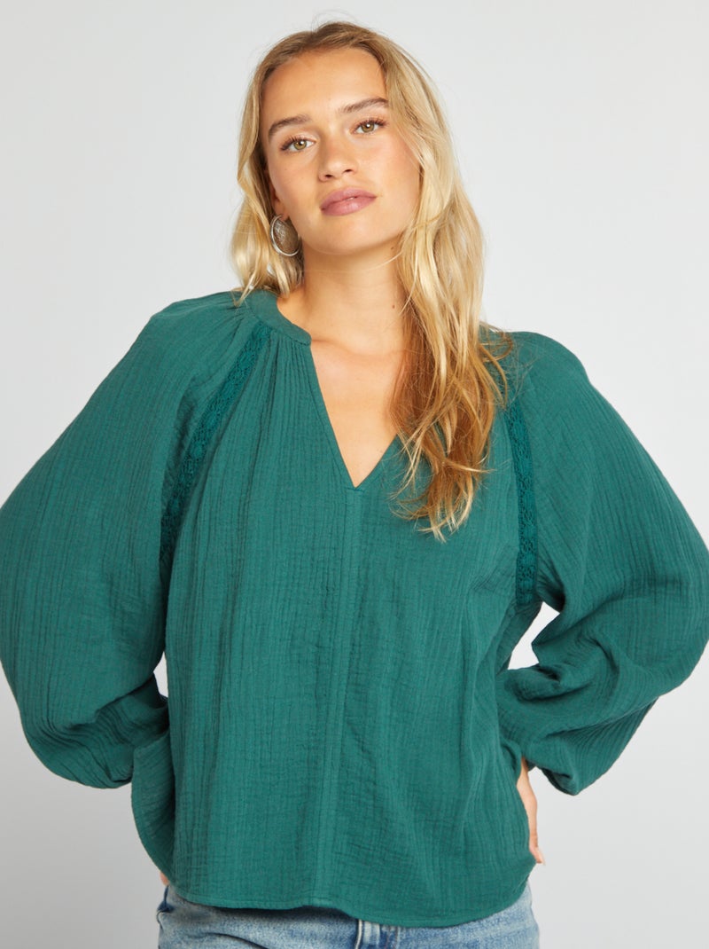 Blouse en gaze de coton Vert - Kiabi
