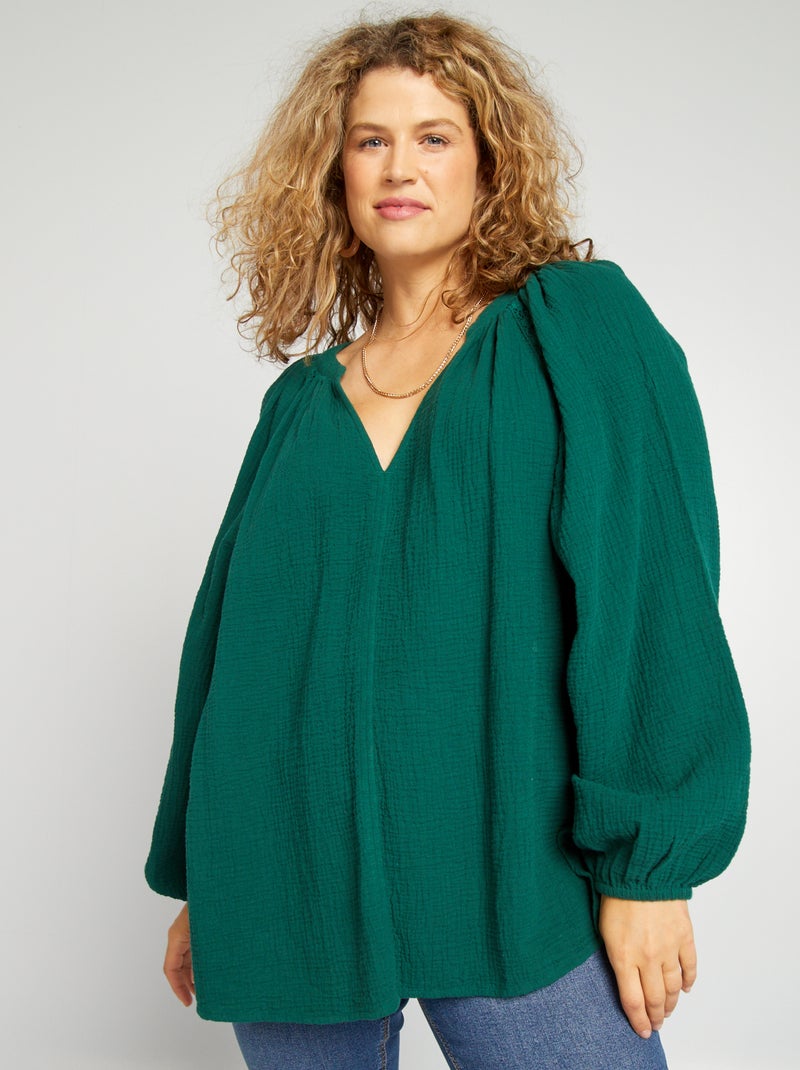 Blouse en gaze de coton Vert sapin - Kiabi