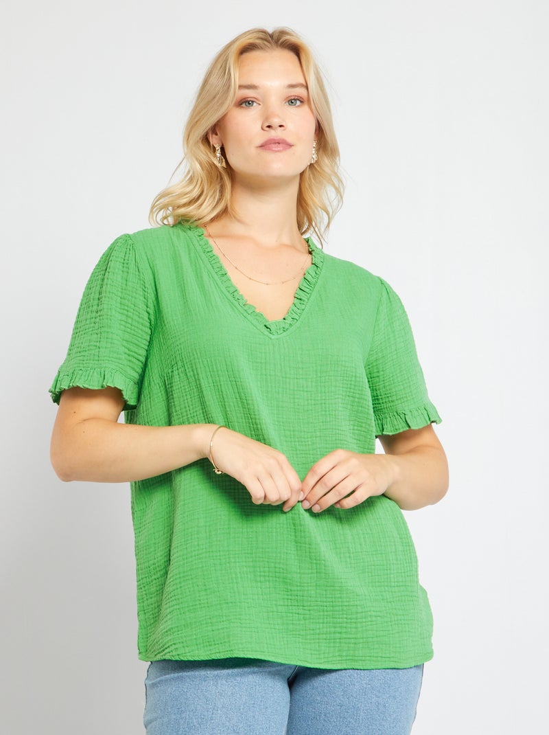 Blouse en gaze de coton Vert - Kiabi