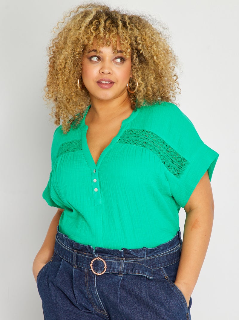 Blouse en gaze de coton Vert - Kiabi