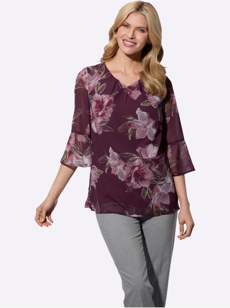 Blouse en Georgette avec col V et manches 3/4 fleuries - Taille standard - Moda Vilona Bordeaux - Kiabi