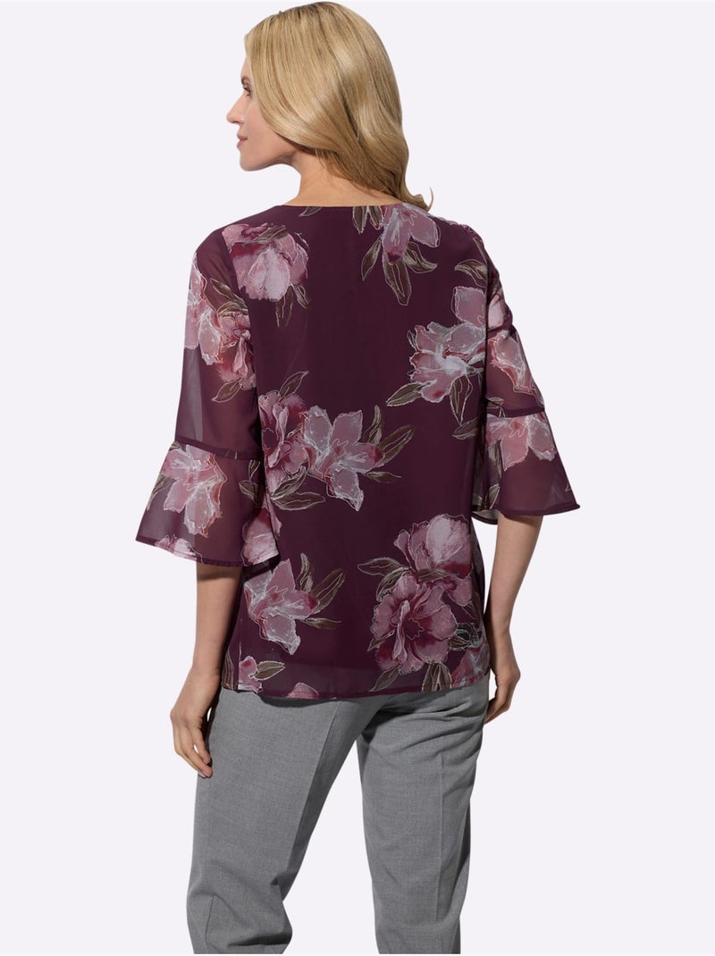 Blouse en Georgette avec col V et manches 3/4 fleuries - Taille standard - Moda Vilona Bordeaux - Kiabi