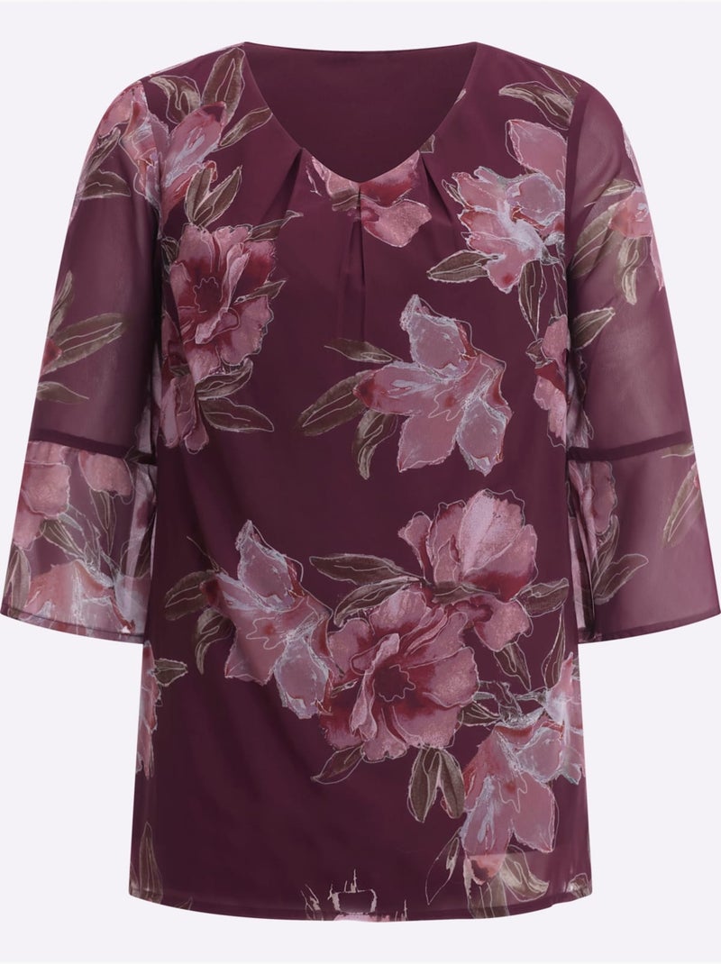 Blouse en Georgette avec col V et manches 3/4 fleuries - Taille standard - Moda Vilona Bordeaux - Kiabi