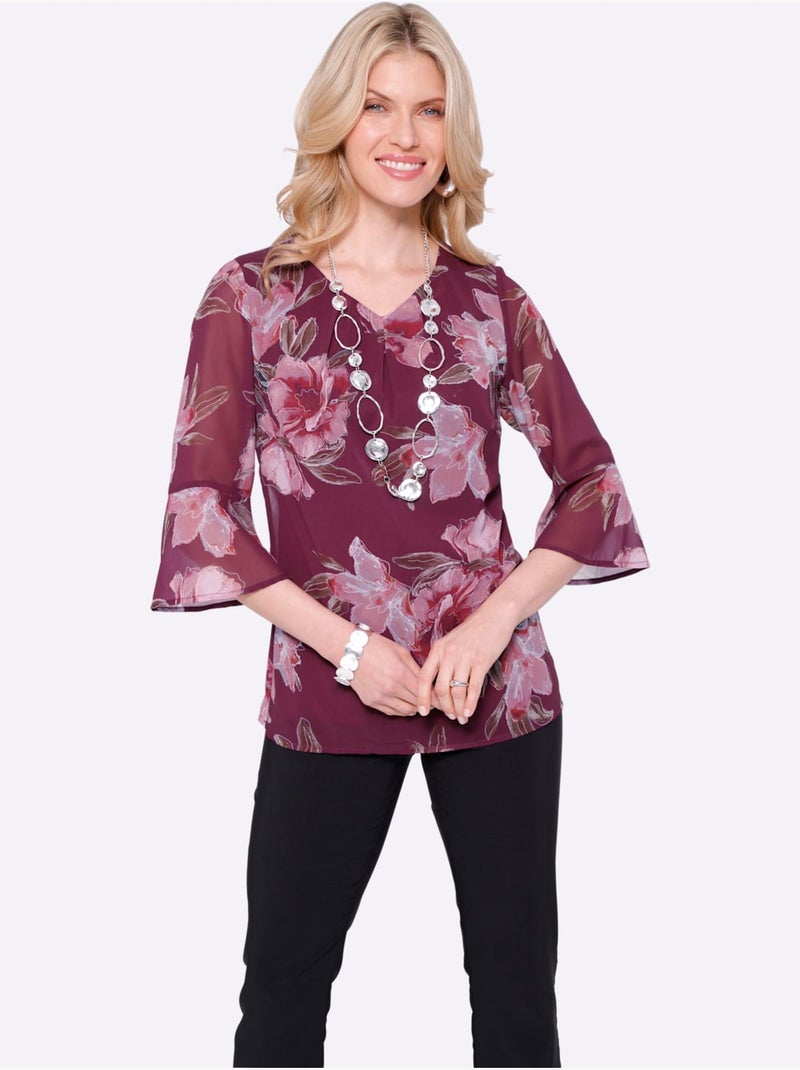Blouse en Georgette avec col V et manches 3/4 fleuries - Taille standard - Moda Vilona Bordeaux - Kiabi