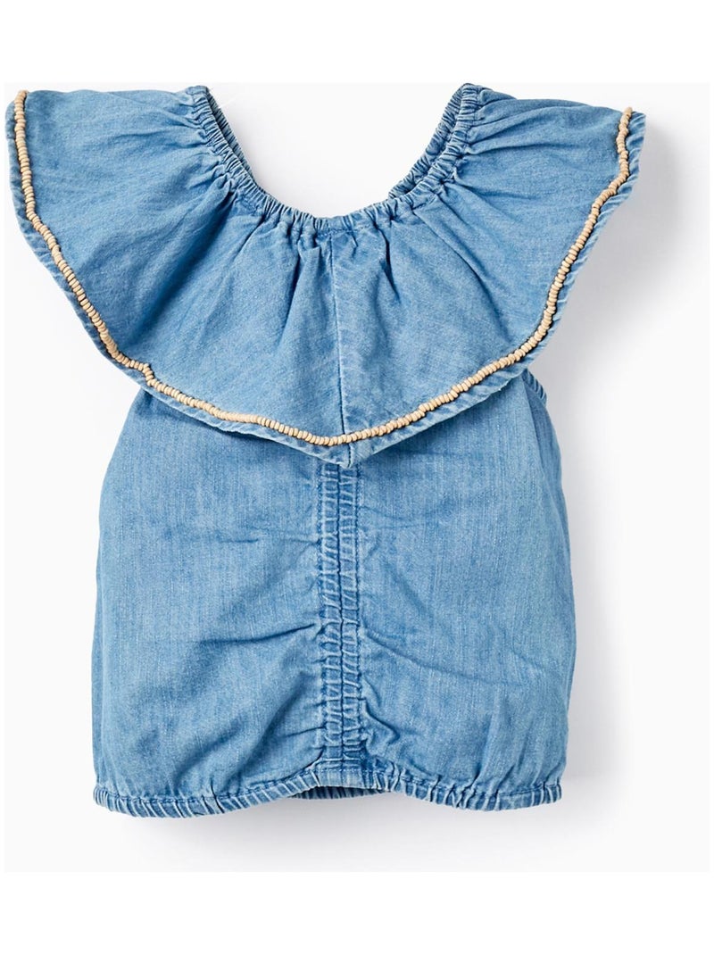 Blouse en jean en coton avec perles pour fille manches courtes Bleu - Kiabi