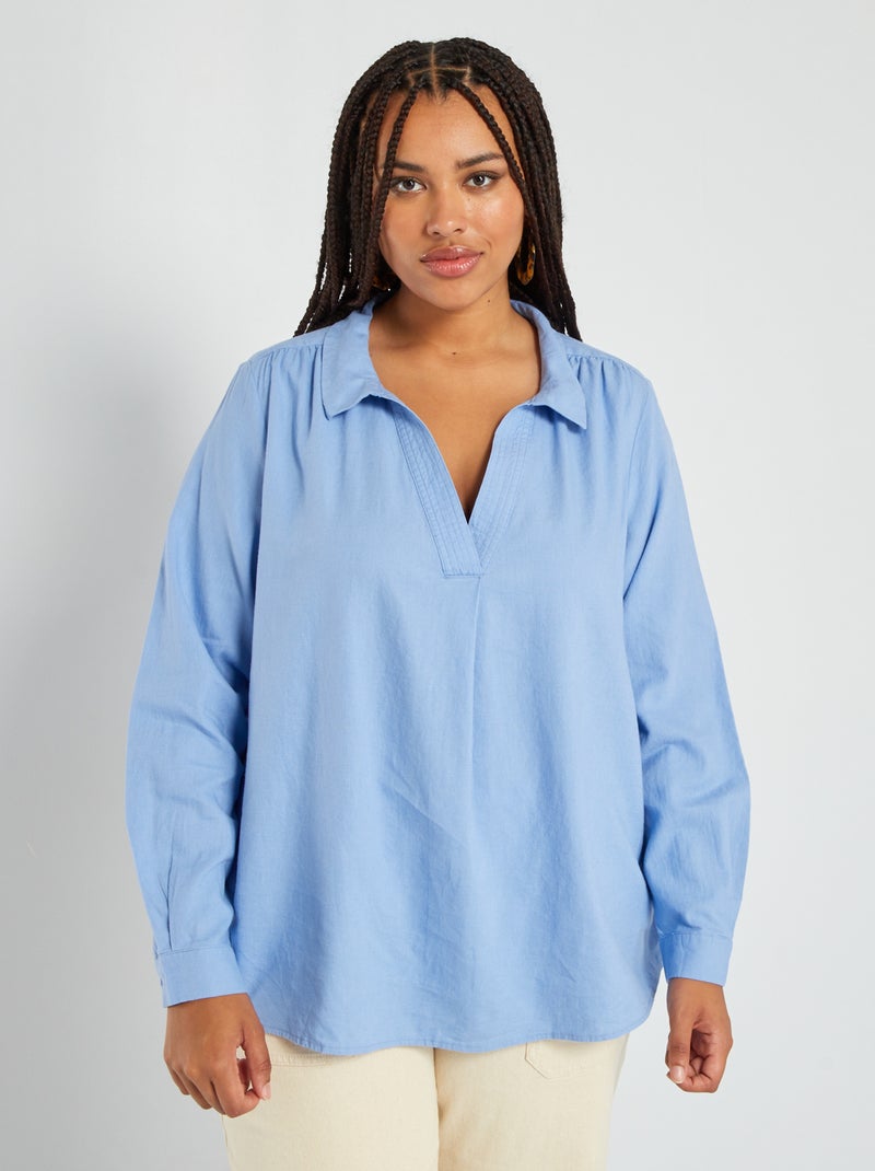 Blouse en lin encolure V Bleu - Kiabi