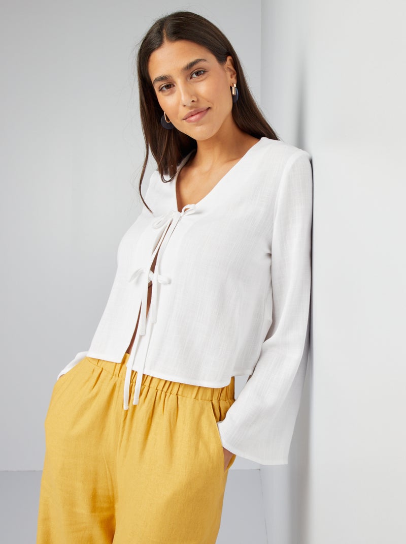 Blouse en lin mélangée nouée devant Blanc - Kiabi