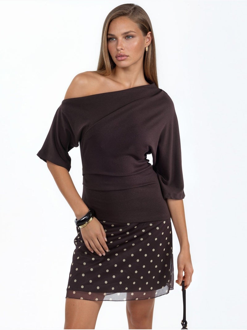Blouse en maille à manches courtes et encolure bateau pour femme busem Marron chocolat - Kiabi