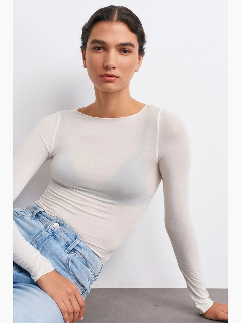Blouse en maille ajustée à col bateau et manches longues dilvin Blanc cassé - Kiabi