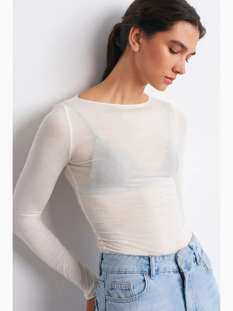 Blouse en maille ajustée à col bateau et manches longues dilvin Blanc cassé - Kiabi