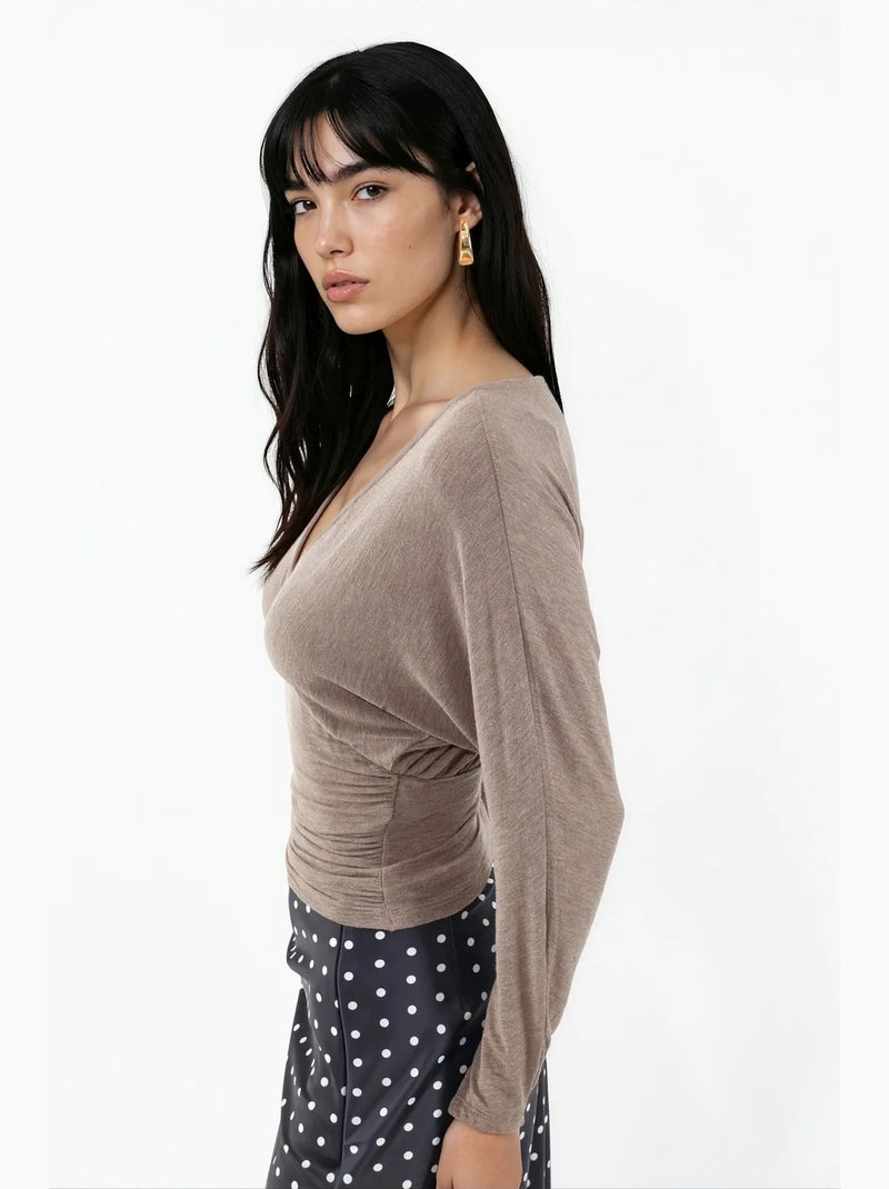 Blouse en maille ample à col v busem Taupe - Kiabi