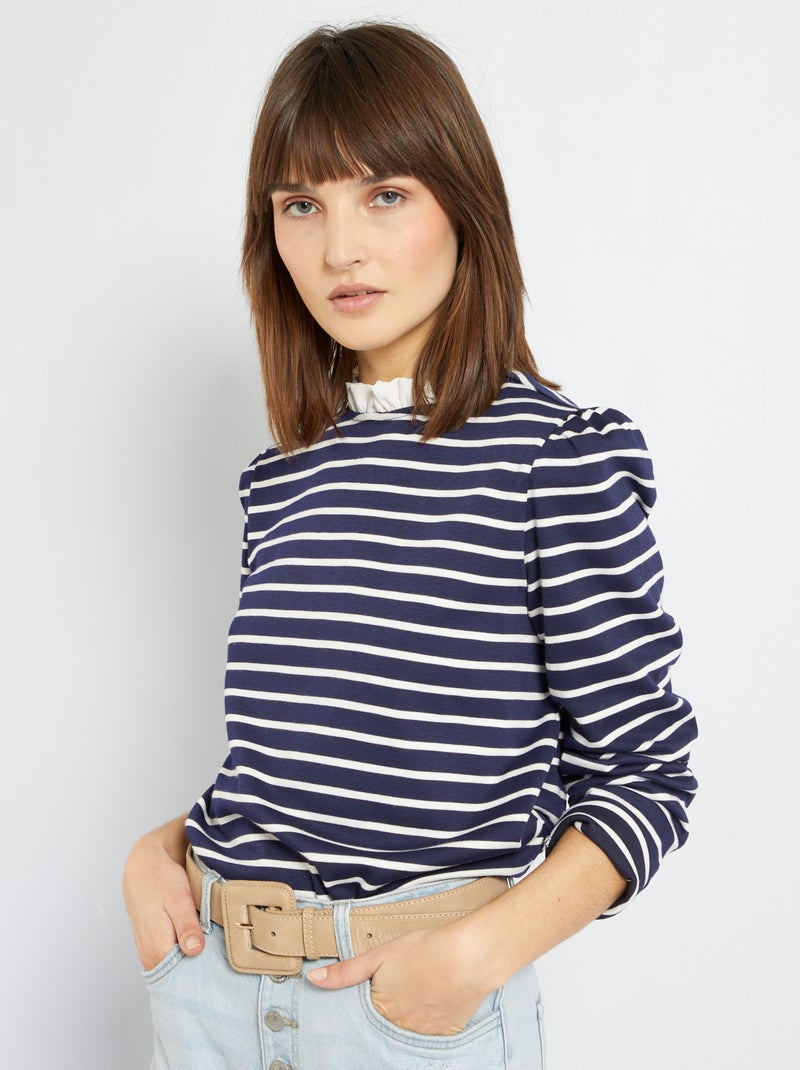 Blouse en maille col froufrou bleu marine - Kiabi