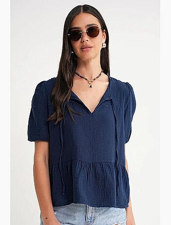 Blouse en mousseline texturée à col rond et biais mixray