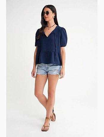 Blouse en mousseline texturée à col rond et biais mixray