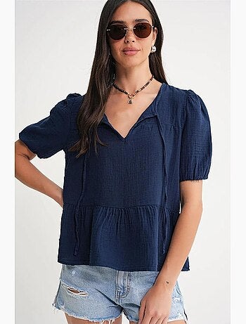 Blouse en mousseline texturée à col rond et biais mixray
