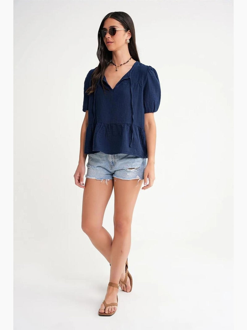 Blouse en mousseline texturée à col rond et biais mixray Bleu marine - Kiabi