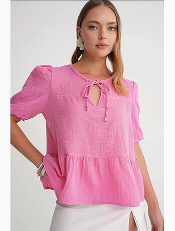 Blouse en mousseline texturée à col rond et biais mixray