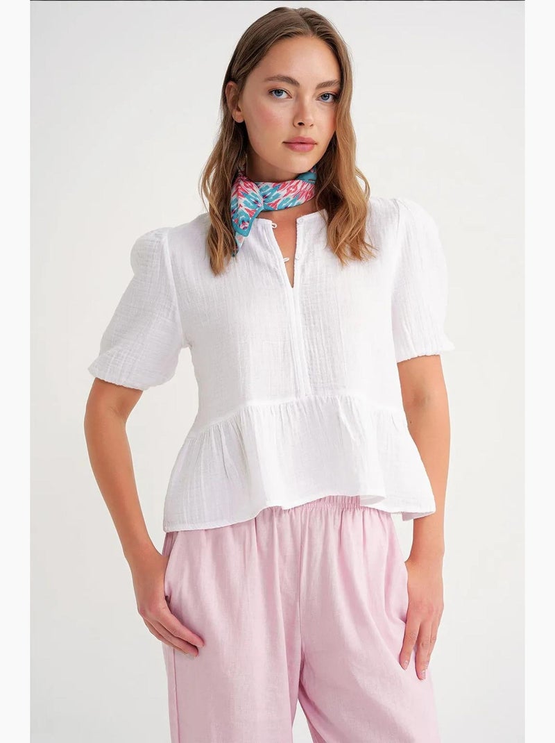 Blouse en mousseline texturée à col rond et boutons mixray Blanc - Kiabi