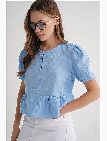 Blouse en mousseline texturée à col rond et boutons mixray