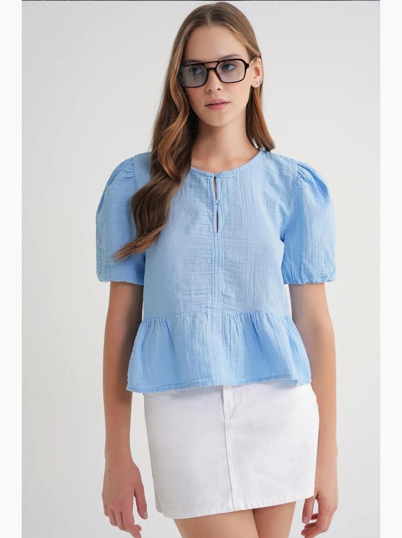 Blouse en mousseline texturée à col rond et boutons mixray Bleu ciel - Kiabi