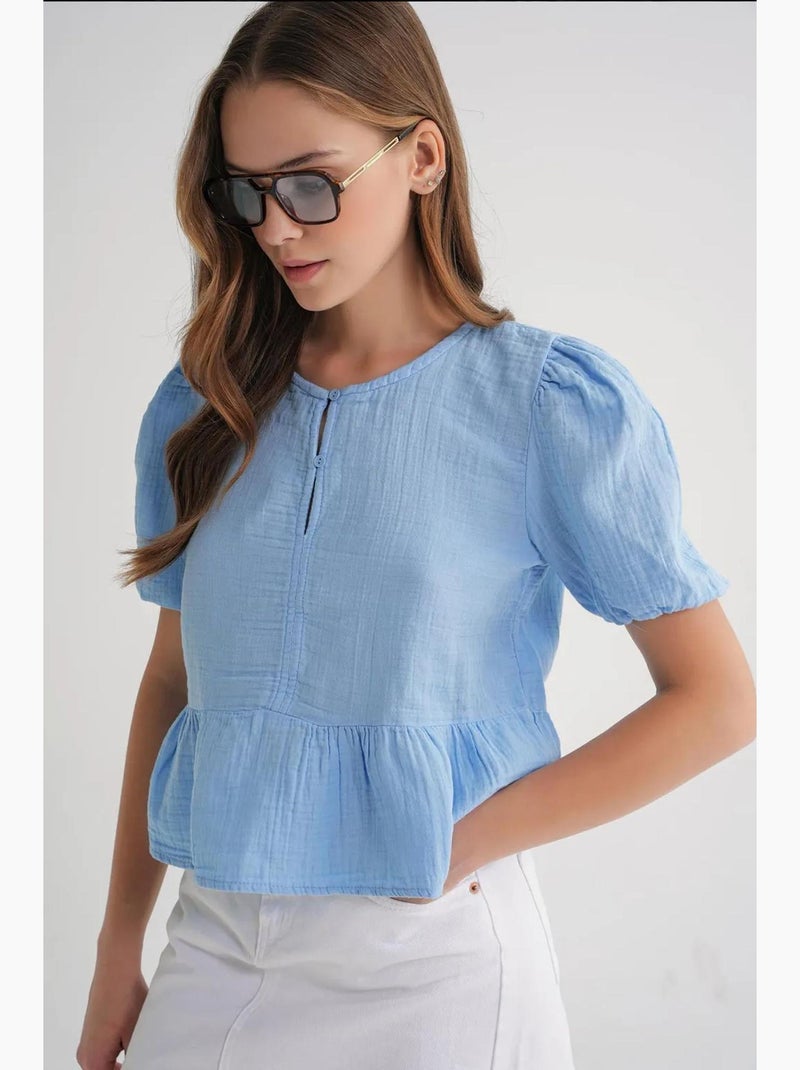 Blouse en mousseline texturée à col rond et boutons mixray Bleu ciel - Kiabi