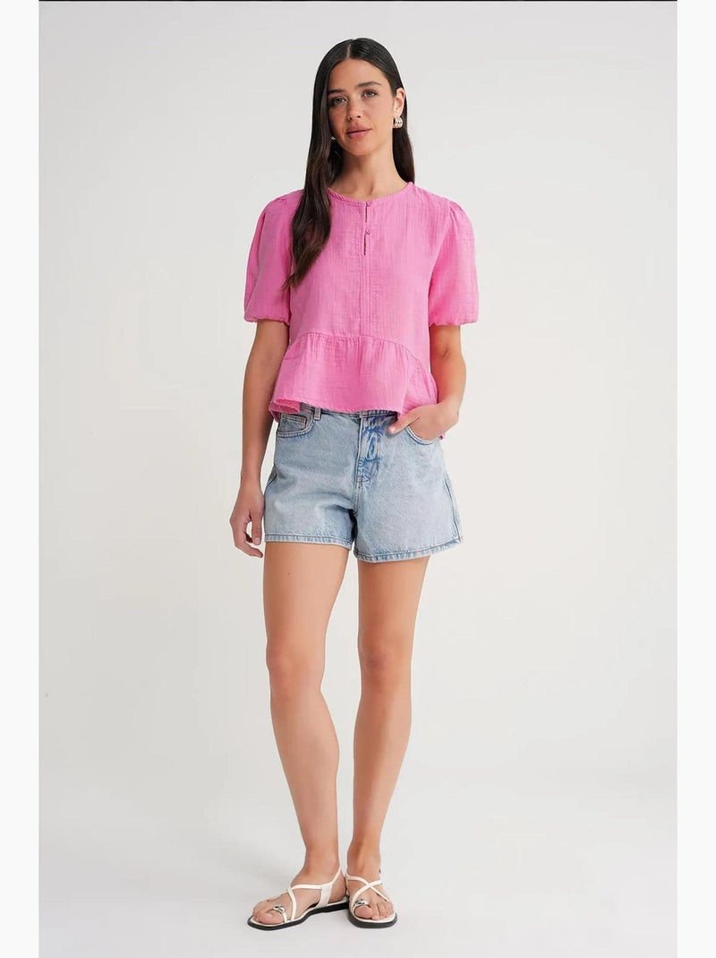 Blouse en mousseline texturée à col rond et boutons mixray Rose fluo/Solinotes - Kiabi
