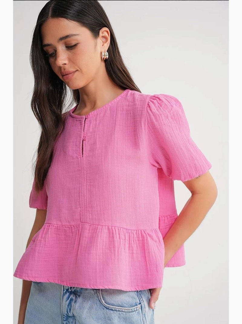 Blouse en mousseline texturée à col rond et boutons mixray Rose fluo/Solinotes - Kiabi