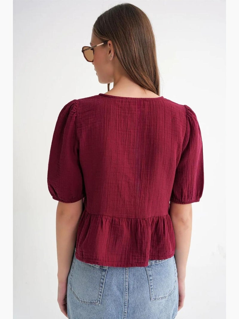 Blouse en mousseline texturée à col rond et boutons mixray Rouge bordeaux - Kiabi