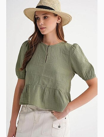 Blouse en mousseline texturée à col rond et boutons mixray