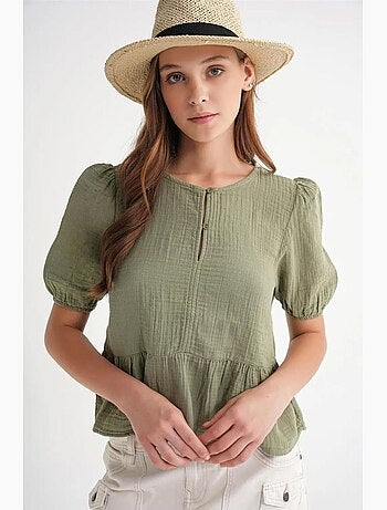 Blouse en mousseline texturée à col rond et boutons mixray
