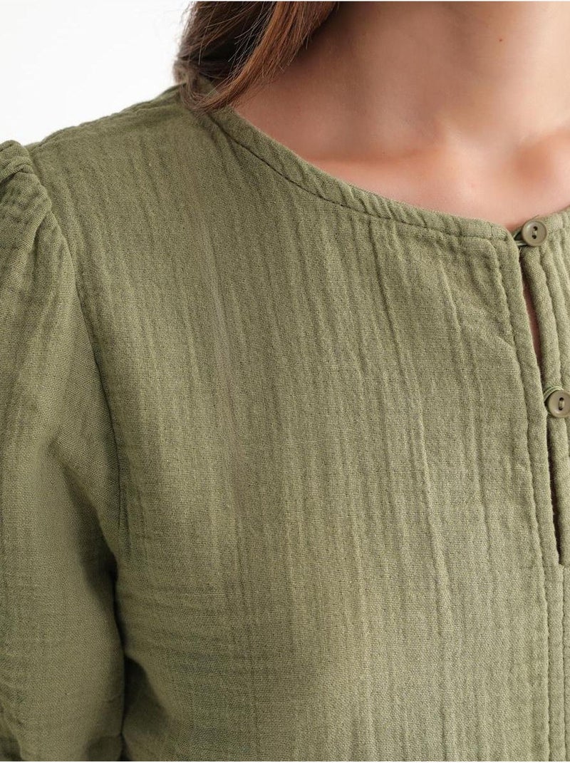 Blouse en mousseline texturée à col rond et boutons mixray Vert kaki - Kiabi
