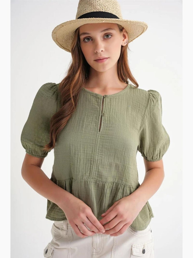 Blouse en mousseline texturée à col rond et boutons mixray Vert kaki - Kiabi