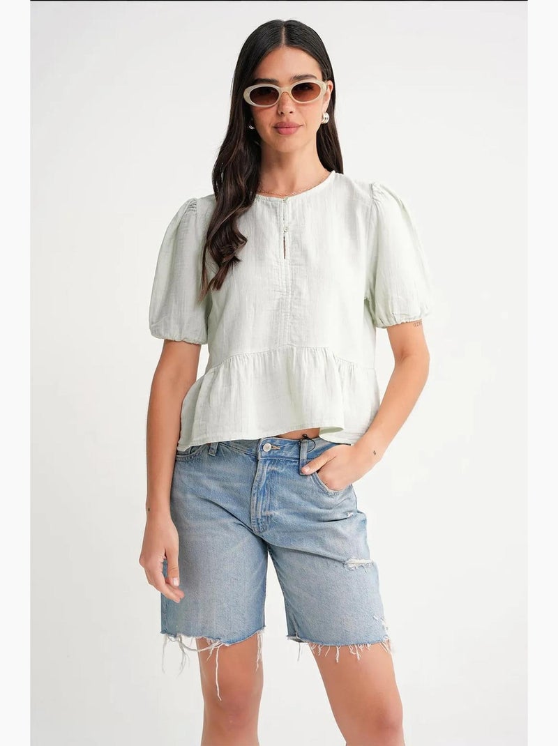 Blouse en mousseline texturée à col rond et boutons mixray Vert pastel - Kiabi