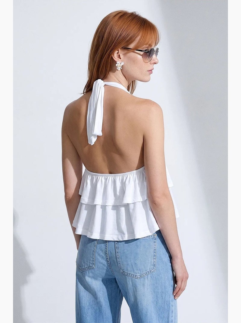 Blouse en popeline à col halter et volant dilvin Blanc - Kiabi