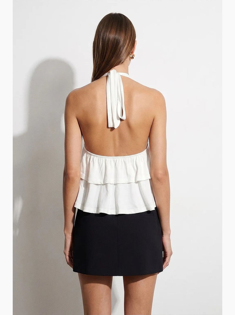 Blouse en popeline à col halter et volant dilvin Ecru - Kiabi