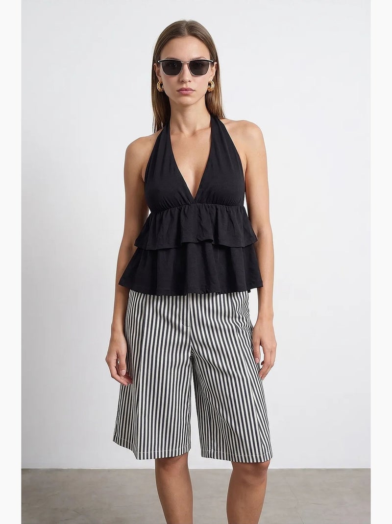 Blouse en popeline à col halter et volant dilvin Noir - Kiabi