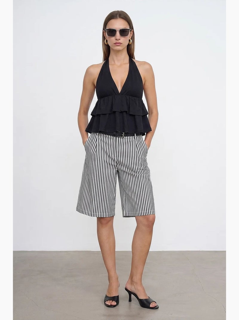 Blouse en popeline à col halter et volant dilvin Noir - Kiabi