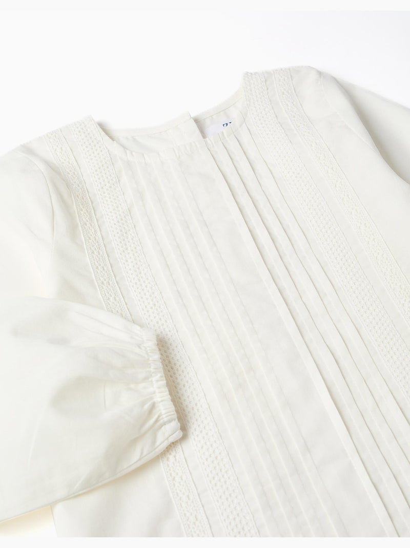 Blouse en popeline à manches longues et plis Blanc - Kiabi