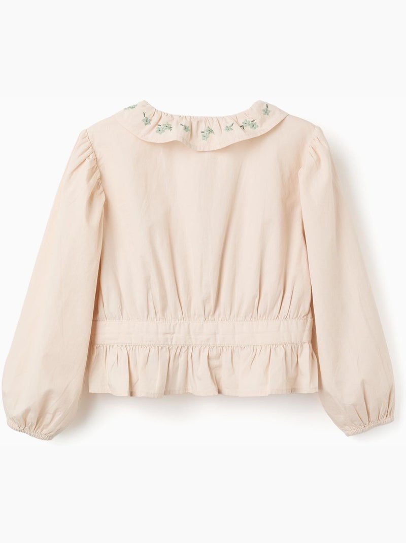 Blouse en popeline à volants et manches ballon B&S Beige - Kiabi