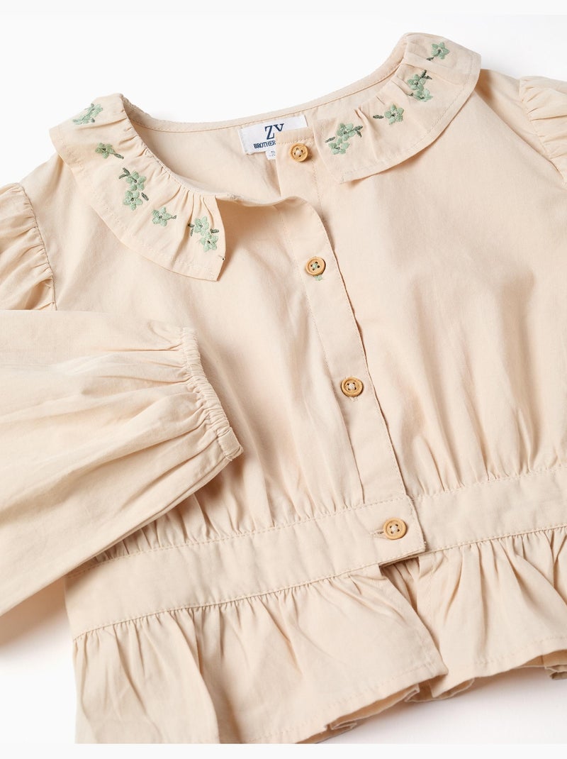 Blouse en popeline à volants et manches ballon B&S Beige - Kiabi