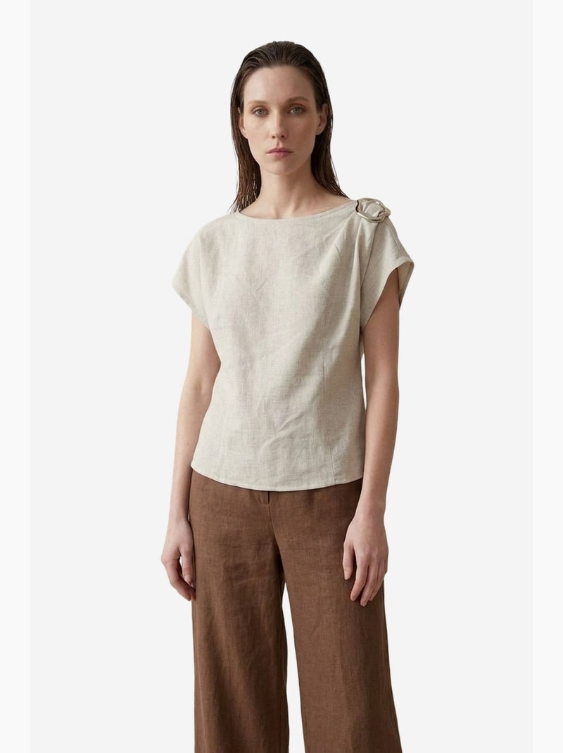 Blouse en popeline de coton à col bateau et nœud my fashion Beige argile - Kiabi