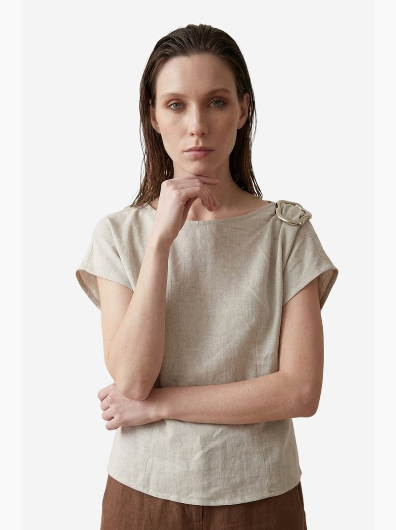 Blouse en popeline de coton à col bateau et nœud my fashion Beige argile - Kiabi