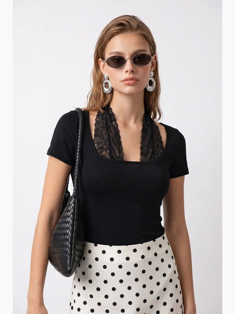 Blouse en viscose dentelle à col u ajustée mixray Noir - Kiabi