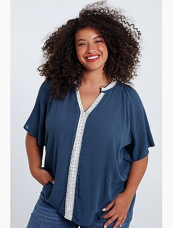 Blouse en viscose unie et macramé PAPRIKA
