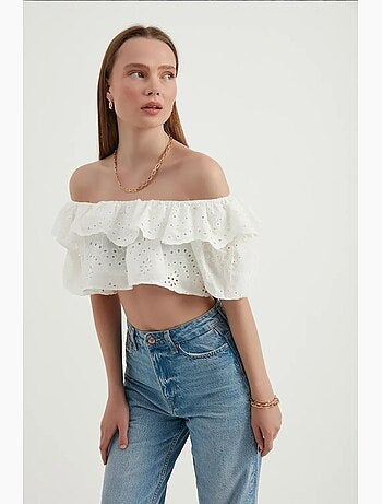 Blouse épaules dénudées texturée à volants et manches ballon hiccup